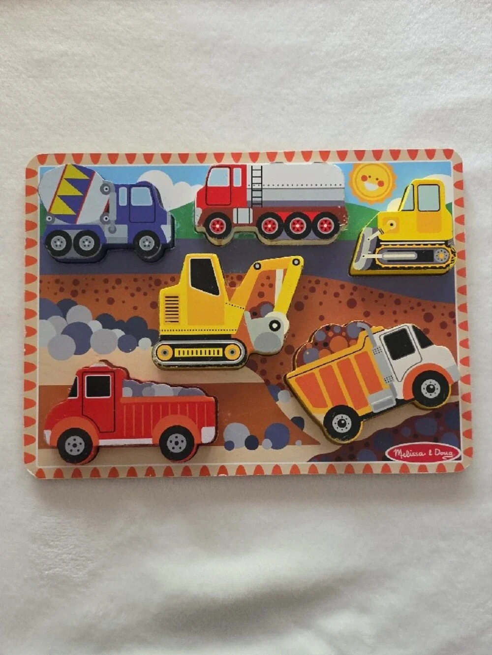 Melissa & Doug Wooden Construction Vehicle Peg Puzzle - Yellow, Red, Blue